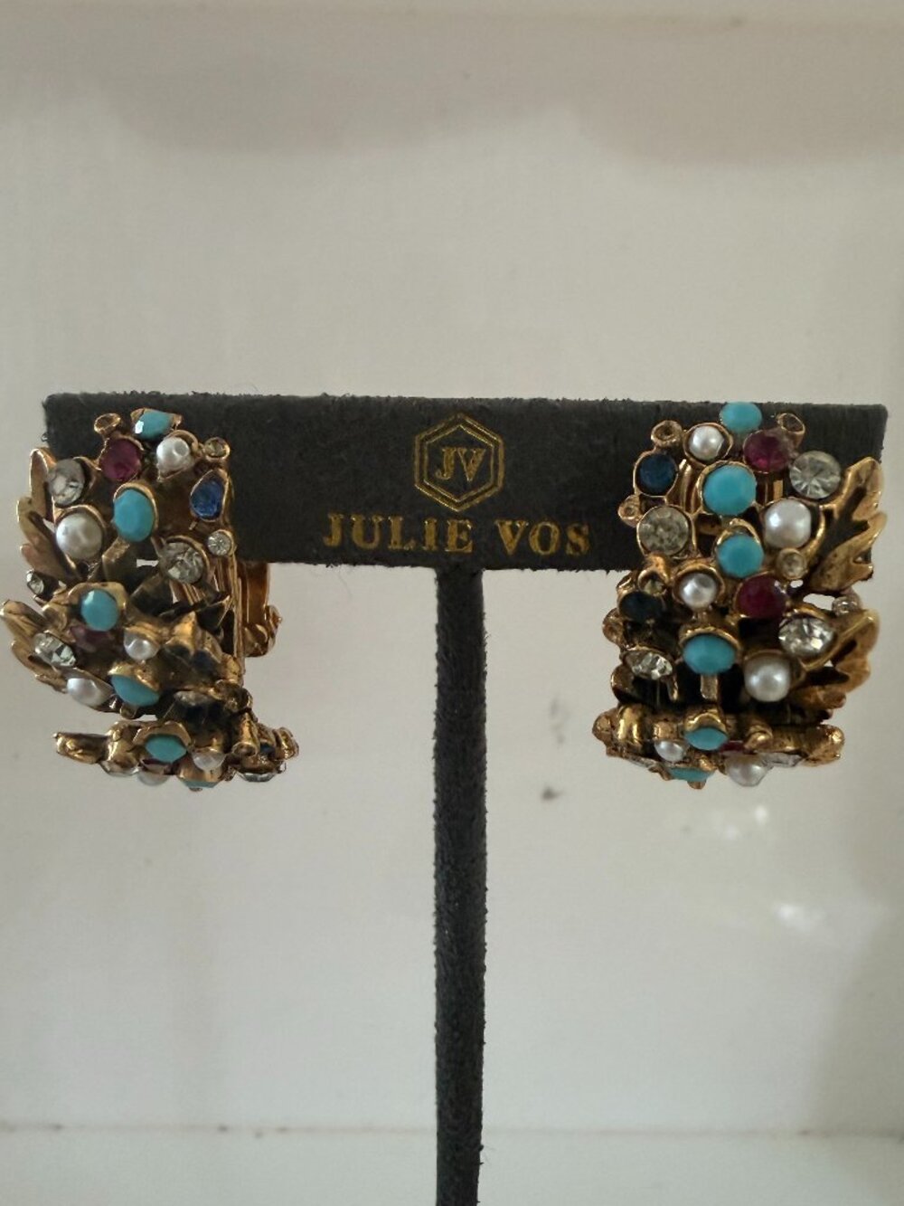Vintage Gold Tone Half Hoop Leaf Form Earrings with Multi Color Stones